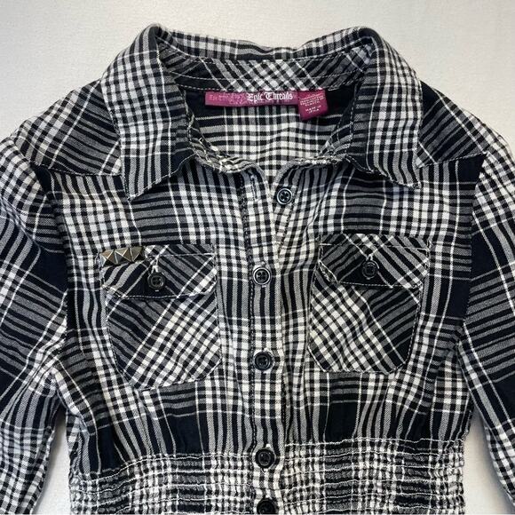 Epic Threads Plaid Button Down Shirt black white girls Size Medium 7 - Picture 2 of 5